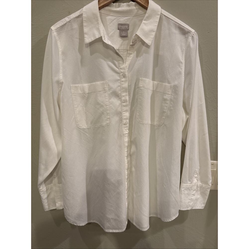 Chico's Womens White Blouse Button Up Modal Size 3 16/18 No Iron Preppy Career